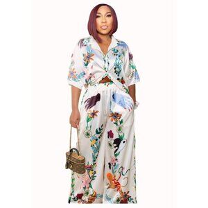 Summer Vibe 2 Piece Set Size 3XL Satin Chic Art Short Sleeve Shirt Wide Leg Pant